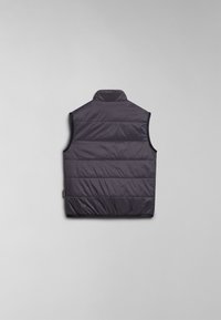 Gilet sans manches matelassé noir foncé avec col montant, texture en matelassage et petite étiquette de logo à l'ourlet. Matière lisse et légère.