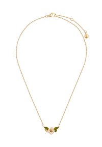 Delicate gold chain necklace with a small flower pendant featuring white petals, green leaves, and a textured gold center.