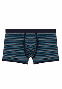 Randig kalsong i marinblå, teal och grå färger. Mjukt tyg med en slät yta, med en formad påse och ett elastiskt midjeband.