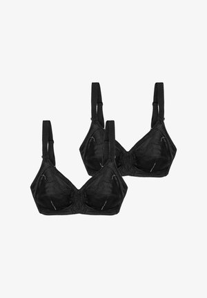 Schwarze BHs aus weichem Stoff mit verstellbaren Trägern. Versehen mit bestickten Details und einem Hakenverschluss auf der Rückseite. Klassische dreieckige Form.