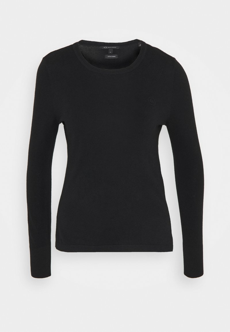 Pull noir à manches longues en mélange de coton et cachemire, avec un col rond et un logo discret sur la poitrine gauche.