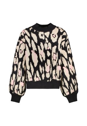 Trui met een zwart, roze en beige abstract patroon. Gebreide stof, ronde hals en pofmouwen met ribgebreide manchetten en zoom.