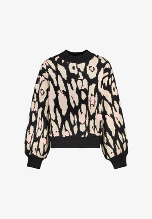 Trui met een zwart, roze en beige abstract patroon. Gebreide stof, ronde hals en pofmouwen met ribgebreide manchetten en zoom.