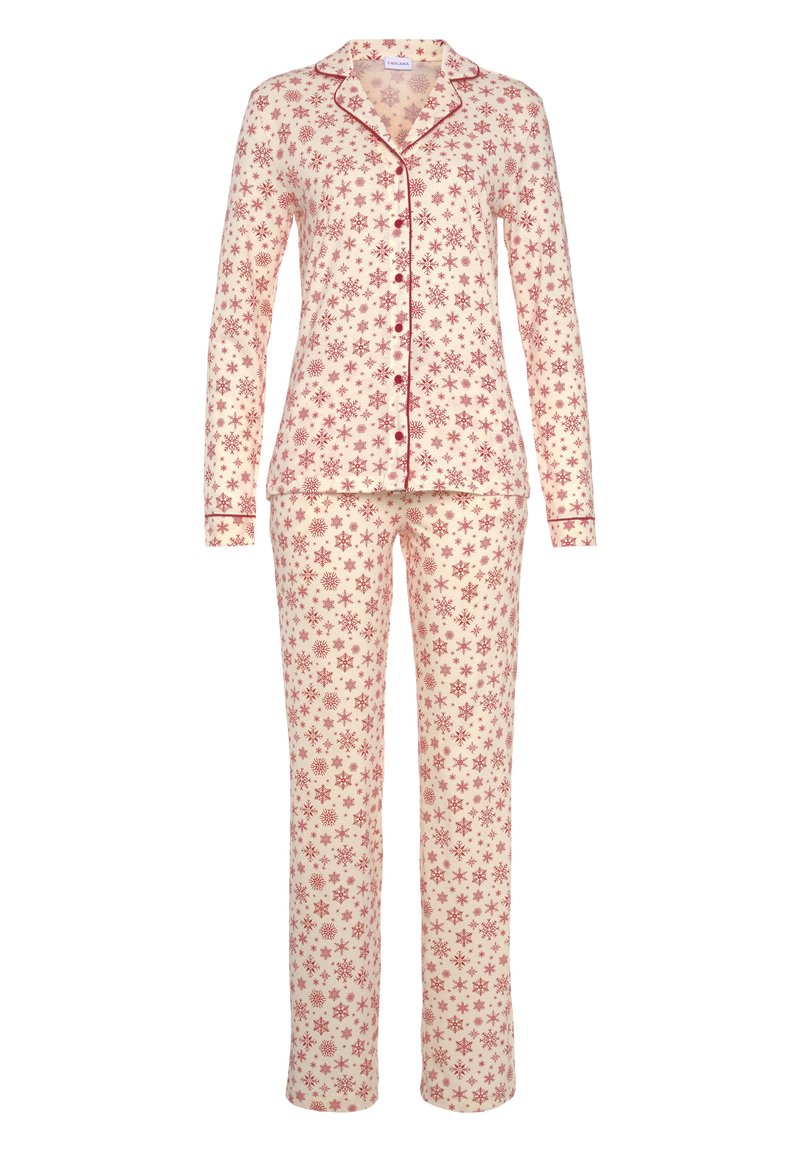 Set di pigiama in cotone composto da una camicia a maniche lunghe con bottoni e pantaloni abbinati. Fondo crema con motivo a fiocchi di neve rossi e piping.