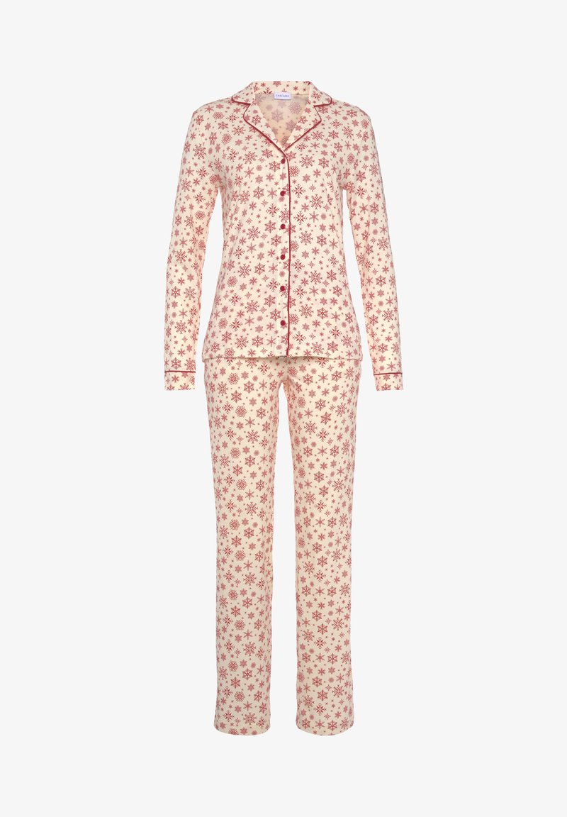 Set di pigiama in cotone composto da una camicia a maniche lunghe con bottoni e pantaloni abbinati. Fondo crema con motivo a fiocchi di neve rossi e piping.