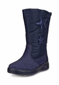 Mörkblå stövel med en mjuk mocka underdel, ett slätt tygoverdel och tre stjärnapplikationer på sidan. Har en texturerad gummisula.