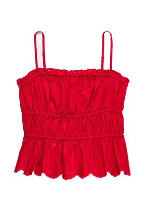 Rode mouwloze blouse met dunne verstelbare bandjes, geplooide stofbanden en een gerimpelde zoom.
