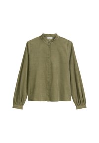 Blouse verte à manches longues avec col montant, fermeture à boutons et poignets froncés. Le tissu a une texture douce et une finition lisse.