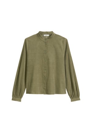 Groene blouse met lange mouwen, een mandarinakraag, knopen aan de voorkant en gathers aan de manchetten. De stof heeft een zachte textuur en een gladde afwerking.
