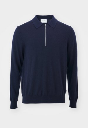 Mørkeblå strikket genser med krage-design, har halv-zip lukking og ribbestrikkede mansjetter, laget av mykt og glatt materiale.