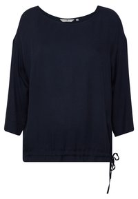 Marineblaue Bluse mit langen Ärmeln, Bootsausschnitt und verstellbarem Kordelzug am Saum.
