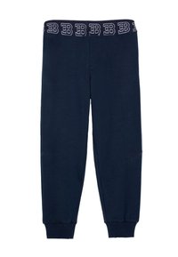 Navy blue sweatpants made of soft fabric, featuring a stretchy waistband with contrasting logo text. Cuffs are snug at the ankles.