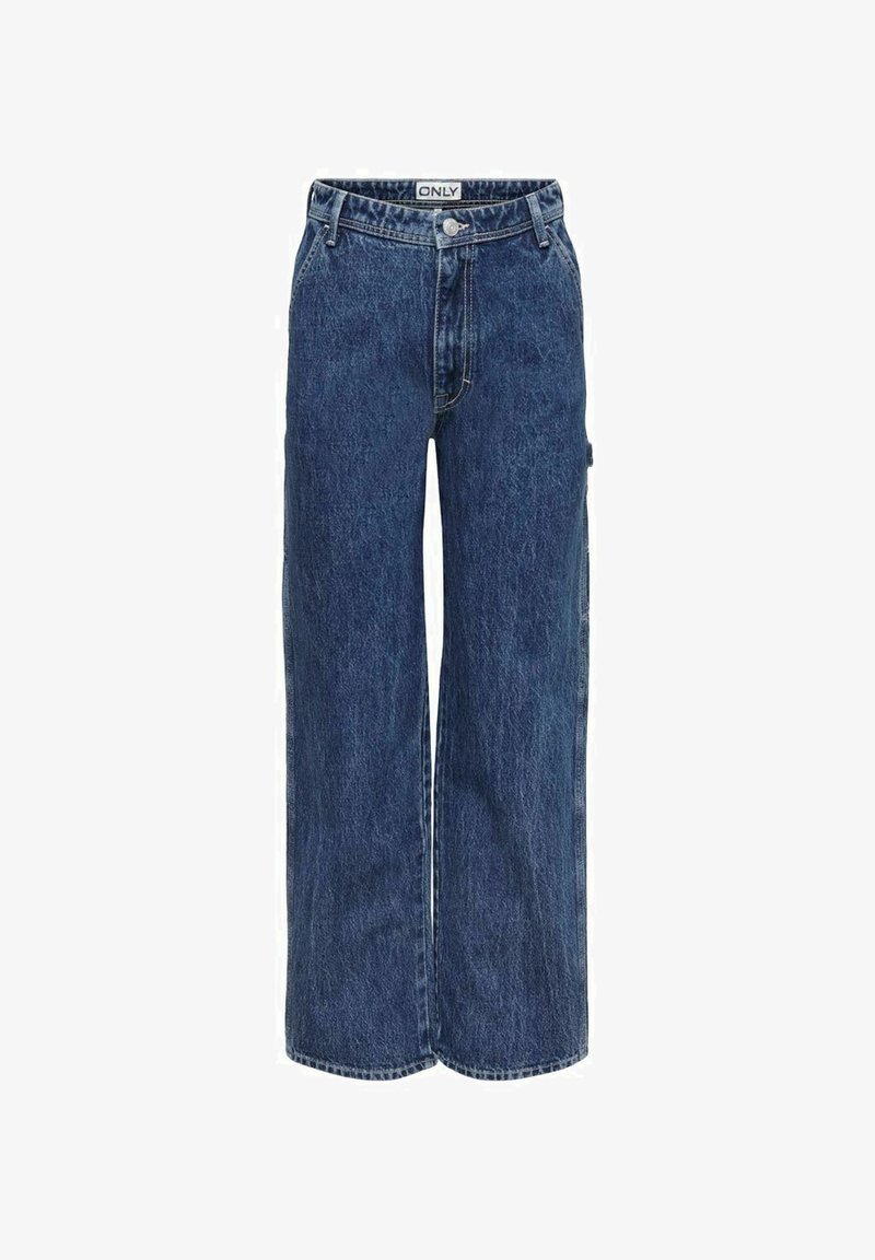 Jeans blue in denim a gamba larga con vita alta, chiusura frontale con bottone e due tasche laterali. Il tessuto ha una leggera finitura texturizzata.