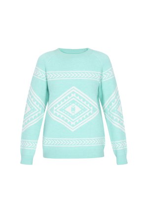 Jasno miętowy sweter z białymi geometrycznymi wzorami, z okrągłym dekoltem i długimi rękawami, wykonany z miękkiego dzianinowego materiału.