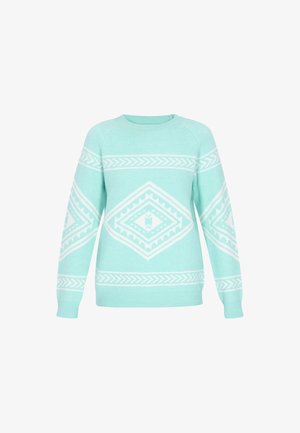 Jasno miętowy sweter z białymi geometrycznymi wzorami, z okrągłym dekoltem i długimi rękawami, wykonany z miękkiego dzianinowego materiału.