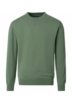 Pullover mit Rundhalsausschnitt und langen Ärmeln in einfarbigem Olivgrün mit gerippten Bündchen und Saum, vor weißem Hintergrund dargestellt.