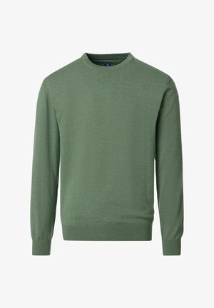 Pullover mit Rundhalsausschnitt und langen Ärmeln in einfarbigem Olivgrün mit gerippten Bündchen und Saum, vor weißem Hintergrund dargestellt.