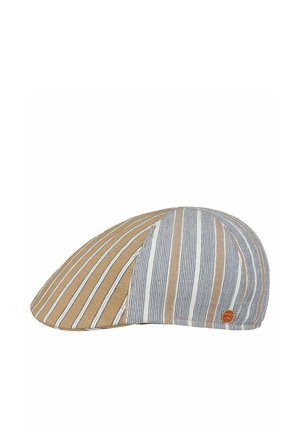 Flat cap with alternating vertical beige, white, and gray stripes and a small round red and gold logo on the side.