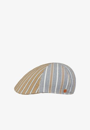 Flat cap with alternating vertical beige, white, and gray stripes and a small round red and gold logo on the side.