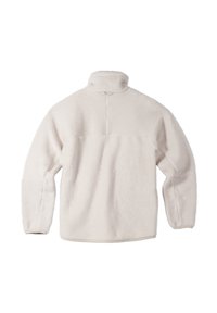 Fleece-Pullover in Creme mit hohem Kragen, strukturierter Oberfläche und langen Ärmeln, mit einer Naht über dem oberen Rücken als Designdetail.