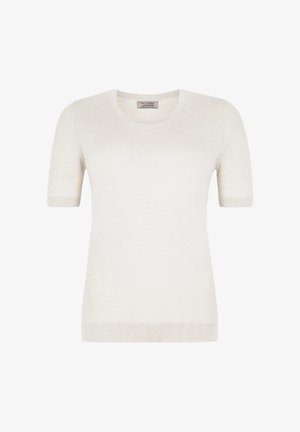 Top en tricot à manches courtes et col rond en beige clair, fabriqué dans un tissu doux avec une texture lisse. Présente une coupe ajustée et des bords côtelés subtils.