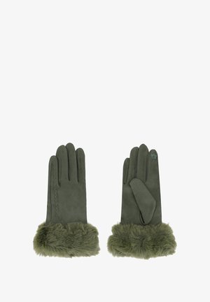 Guanti in suede verde con polsini in pelliccia verde pelosa. Le caratteristiche includono un design a cinque dita e un accento floreale decorativo su un guanto.