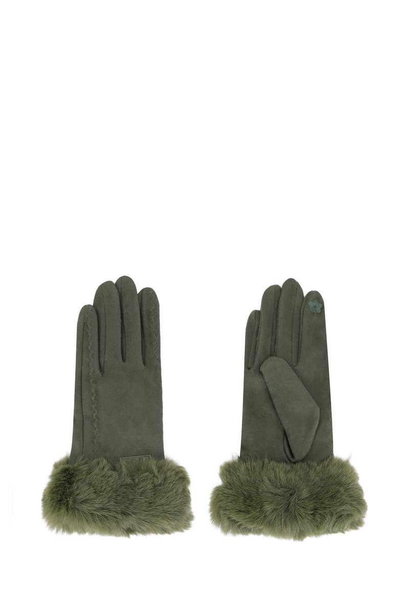 Guanti in suede verde con polsini in pelliccia verde pelosa. Le caratteristiche includono un design a cinque dita e un accento floreale decorativo su un guanto.