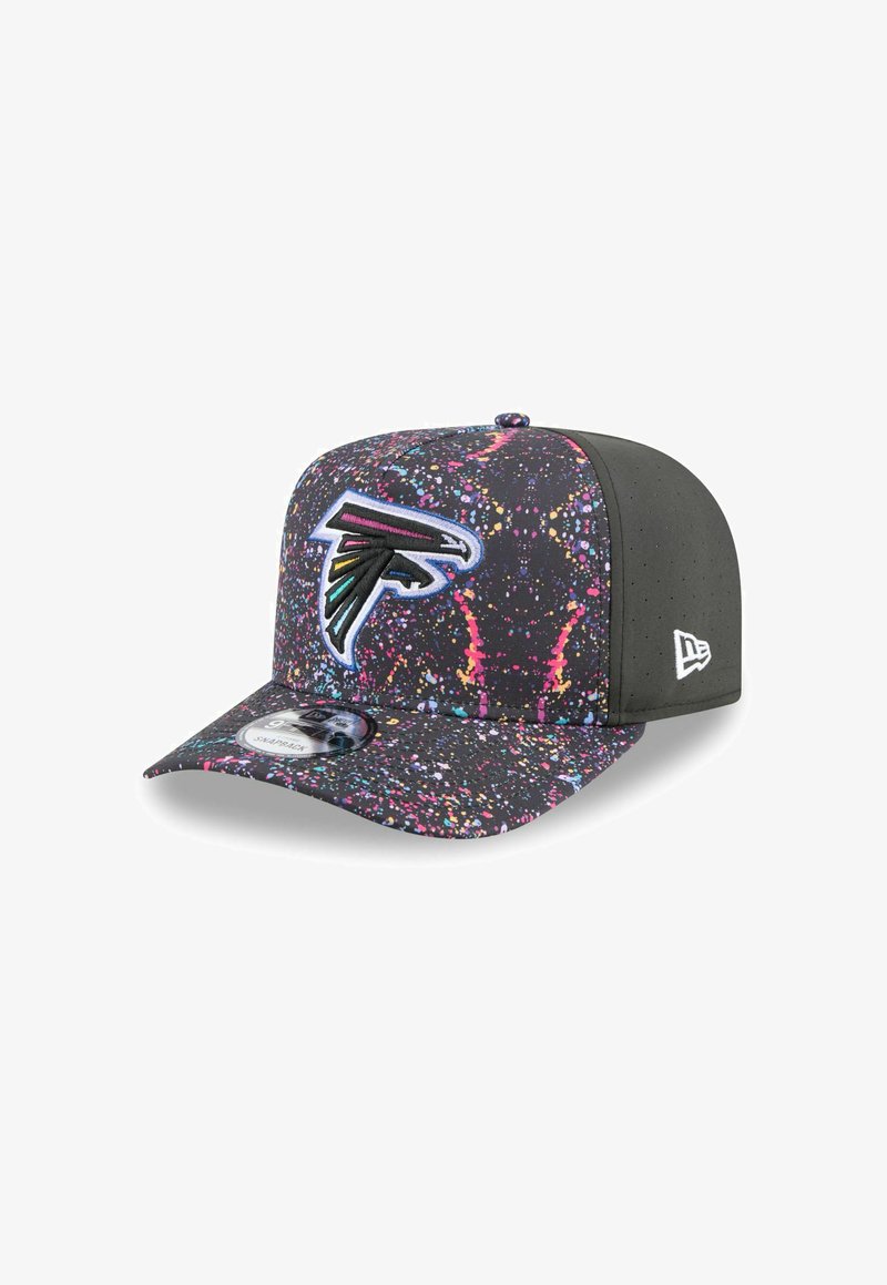 Black cap featuring a splatter paint design in vibrant colors with a prominently embroidered Falcon emblem on the front.