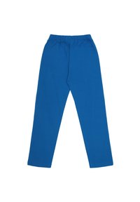 Blue cotton pants with an elastic waistband. Simple design, straight leg shape, and a smooth texture. Suitable for casual wear.