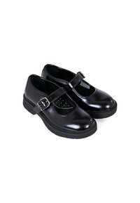 Scarpe Mary Jane in pelle verniciata nera, con punta tonda, cinturino regolabile con fibbia e suola in gomma texturizzata. Presentano piccole perforazioni sulla soletta.