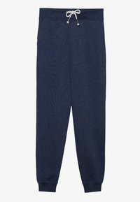 Pantalons de survêtement bleu marine en tissu doux, dotés d'une taille élastique avec un cordon de serrage blanc et des ourlets côtelés.