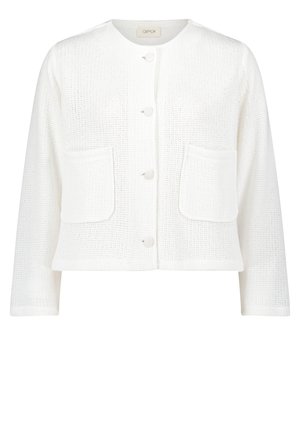White textured cardigan with three buttons, round neckline, and two front pockets. Features a loose fit and ribbed cuffs.