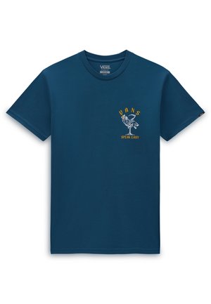 Navy blue cotton t-shirt with short sleeves, featuring a graphic design and text on the left chest area in yellow and white.