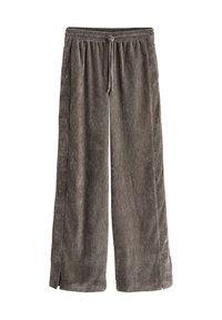 Grijze, wijde broek met een tailleband met trekkoord, gemaakt van zachte, gestructureerde stof. Bevat zijsplitten aan de onderkant voor extra stijl.