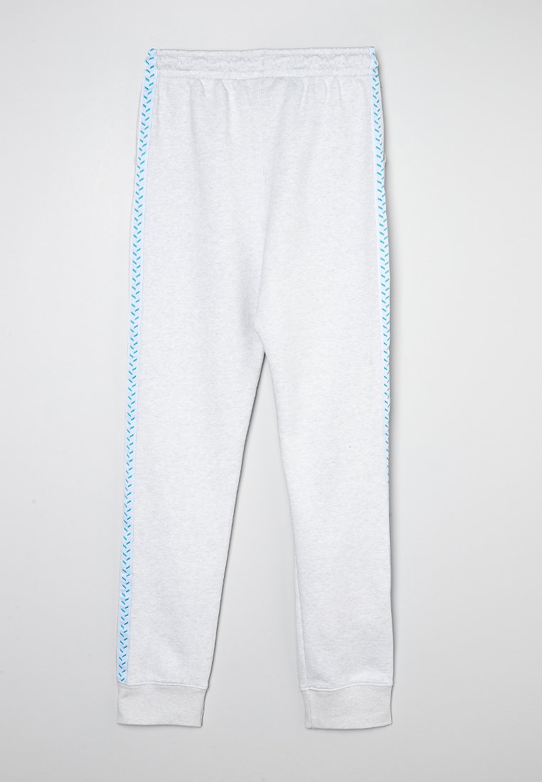 Graue Sweatpants mit lockerer Passform, ausgestattet mit einem blauen Zickzackmuster an den Seiten sowie einem elastischen Bund und Bündchen für zusätzlichen Komfort.