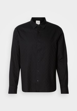 Black button-up shirt with diamond texture, long sleeves, and standard collar. Features front buttons and a plain back without embellishments.