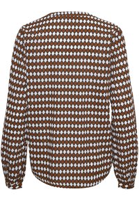 Maglia marrone a maniche lunghe con un motivo geometrico a diamante di colore bianco. Il tessuto è leggero, con una vestibilità ampia e un orlo arrotondato.