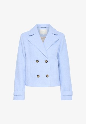 Lichtblauwe double-breasted jas van gestructureerde stof, met goudkleurige knopen, zijzakken en een geknipt kraag.