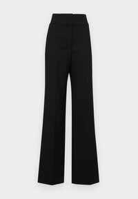 Černé kalhoty s vysokým pasem a širokými nohavicemi, které mají hladký povrch a přední sklady pro vytvarovaný vzhled. Bez viditelného kovu.