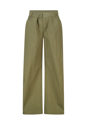 Olijfgroene wijde broek met elastische taille, knoopsluiting en voorzakken, ontworpen voor casual gebruik.