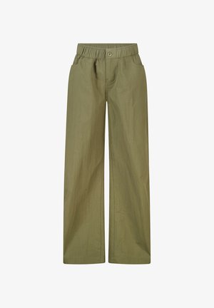 Olive green wide-leg pants with elastic waist, button closure, and front pockets, designed for casual wear.