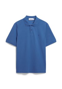 Blaues Baumwoll-Polo-Shirt mit Kragen und kurzen Ärmeln. Mit einem kleinen gestickten Logo auf der linken Brust.