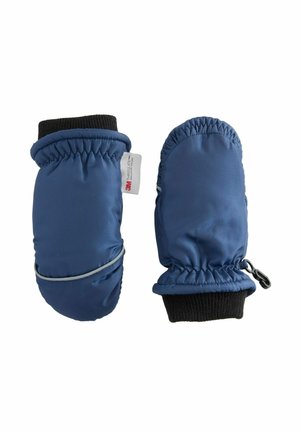 Ein Paar blaue isolierte Winterhandschuhe mit schwarzen Bündchen und einem kleinen Etikett an einem Handschuh vor weißem Hintergrund.