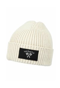 Cream-colored ribbed knit beanie with a black patch displaying "valhalla" and crossed Viking axes in white.