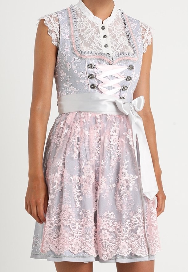 Robe sans manches en dentelle avec motif floral en gris et rose, dotée d'un corsage boutonné, d'une ceinture en ruban de satin et de détails complexes en dentelle.