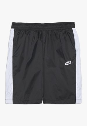 Sorte atletikshorts med hvide sidepaneler og elastisk linning, med en hvid Nike-logo på venstre ben.