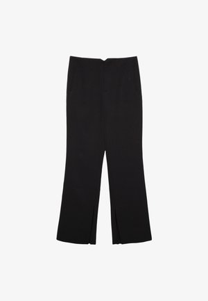 Pantaloni neri a gamba dritta, con tasche frontali e spacchi laterali all'orlo. Realizzati in tessuto morbido e liscio. Adatti a diverse occasioni.