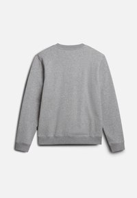 Sweat-shirt gris avec col rond, manches longues, poignets et ourlet côtelés. Texture lisse, design simple, sans logos ni motifs visibles.