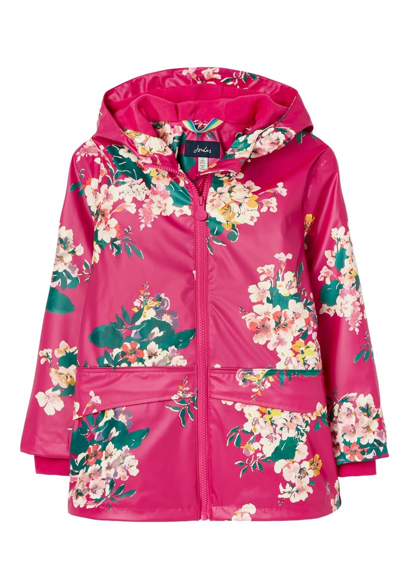 Veste imperméable fleurie rose, dotée d'une capuche, d'une fermeture éclair à l'avant et de deux poches avant. Le design inclut des fleurs vives sur un fini brillant.