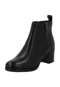 Botín negro de tobillo hecho de cuero suave, con cremallera lateral, punta redondeada y tacón cuadrado texturizado. Sin patrones decorativos.